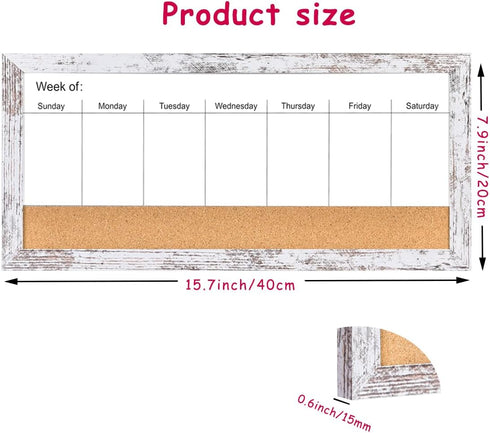 Magnetic Weekly Dry Erase White Board and Cork Board, White Wood Frame for Home Office
