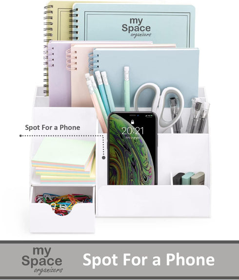 White Desk Organizer, 9 Compartments for Office Supplies and Desk Accessories, Pen Holder, Desktop Decor