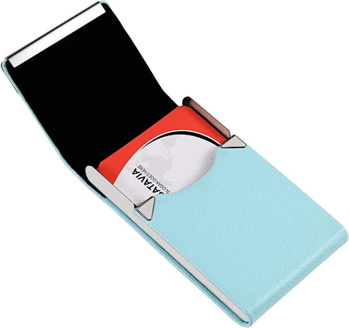 JuneLsy Professional Business Card Holder Case, PU Leather Metal Name Card Holder for Men & Women (Light Blue)
