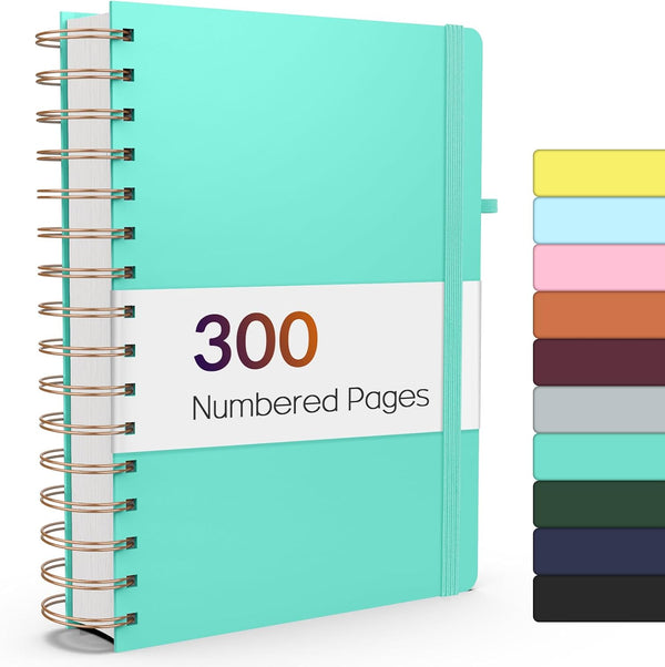Forvencer Lined Spiral Journal Notebook, A5, 300 Numbered Pages, 100GSM Paper, Hardcover, Green, for Work, School, Men,