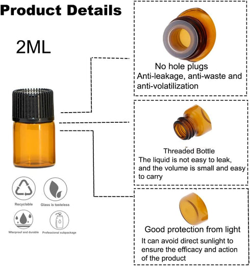 SKYPRO 2ml Mini Amber Glass Bottles with No-Hole Plugs for Essential Oils, Chemistry Lab Chemicals