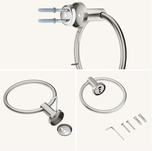 FORIOUS Brushed Nickel Towel Ring, SUS304 Stainless Steel Hand Towel Holder, Modern Wall Mounted Towel Rack