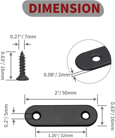 12 Pcs Straight Brace - Flat Brace 2” x 0.6” Stainless Steel Bracket for Wood, Furniture & Shelves, Matte Black