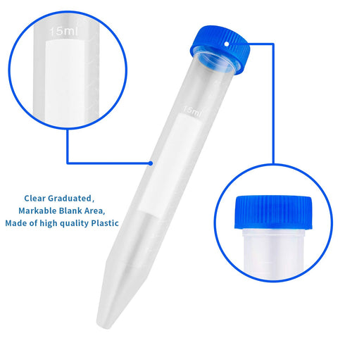 Ackers 15mL Conical Centrifuge Tubes - 100 Pcs Sterile Plastic Test Tubes with Screw Caps