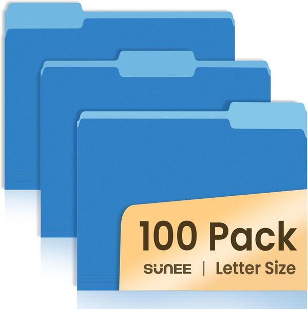SUNEE Letter Size File Folders, 100 Pack Blue Manilla Folders 8.5 x 11 with 1/3-Cut Tabs for Office Home