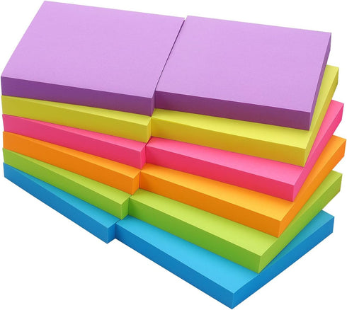 Sticky Notes, 3x3 inch, Bright Colors, Self-Stick Pads, 12 Pads/Pack, 100 Sheets/Pad, Total 1200 Sheets