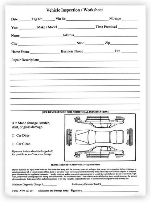 Vehicle Inspection Worksheet Pad - 100 Forms for Car Dealer Service Body Shop