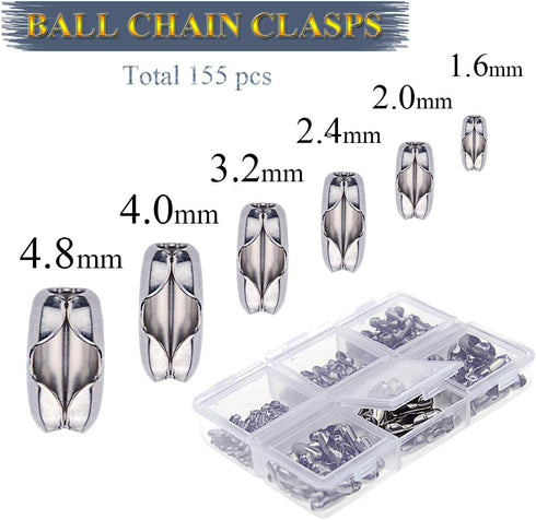 KINGOU 155pcs Stainless Steel Ball Chain Connector Clasps Fits for 1.6/2.0/2.4/3.2/4.0/4.8mm Beaded Ball Chain