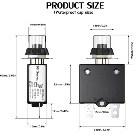 DIYhz Thermal Circuit Breaker 25 Amp Push Button Manual Reset 32V DC 125/250VAC 50/60Hz, 2Pcs with Waterproof Cap