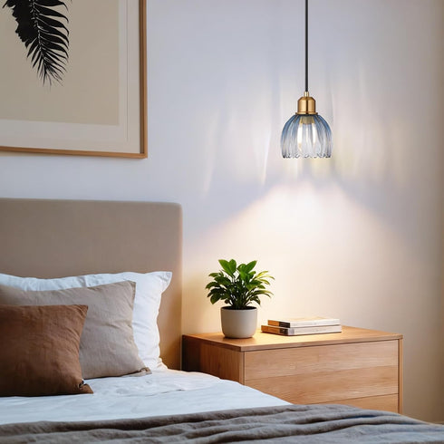 TALOYA Pendant Light with Blue Tulip Glass Lampshade, Brass Vintage Pendant Light Adjustable Hanging Light for Kitchen