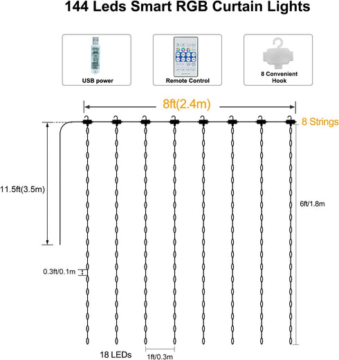 5050 8Ft 6Ft 144LED LumBelle Smart Curtain Lights RGB Built in Chip, Color Changing Curtain Lights with Music Sync APP