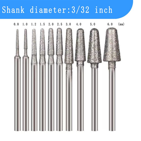 ?????? ???? 10 Pcs Ball Nosed Cone Shape Diamond Burr, 3/32'' Shank Stone Carving Bits Rock Setting Burs for Rotary Tools