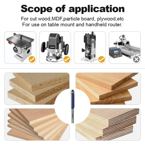 Flush Trim Router Bits 1/4 Inch Shank, 1/2 Inch Cutting Diameter, 1-3/16 Inch Cutting Height, Bottom Bearing Flush