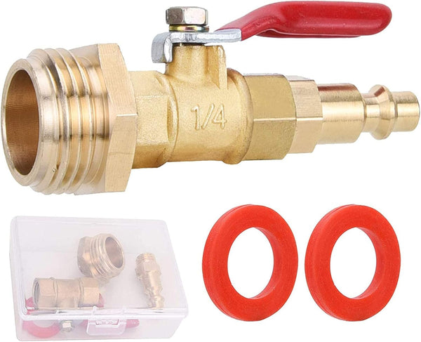 RV Winterize Blowout Adapter Kit with 1/4" Male Quick Connect Plug, 3/4" Male GHT Thread, Ball Valve & 2 Washers