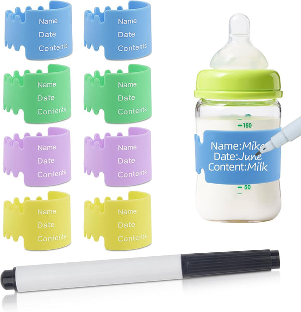 Fampery 8PCS Silicone Baby Bottle Labels for Daycare Writable Bottles Label Reusable Bottle