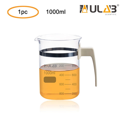 ULAB Glass Beaker with Handle, Vol. 1000ml, 3.3 Borosilicate Griffin Low Form with Printed Graduation, Double Scale, UBG1051