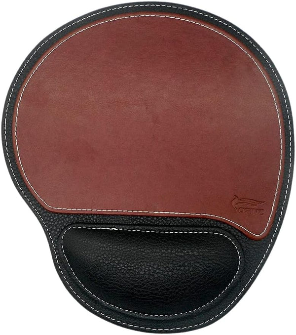 Ergonomic Leather Mouse Pad with Wrist Support - Non-Slip Rubber Base, Memory Foam, Waterproof Surface (Round-Brown)