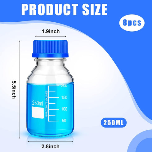 Irenare 8 Pieces Media Storage Bottles, Borosilicate Glass with Blue GL45 Screw Cap for Lab Liquids, 250 ml