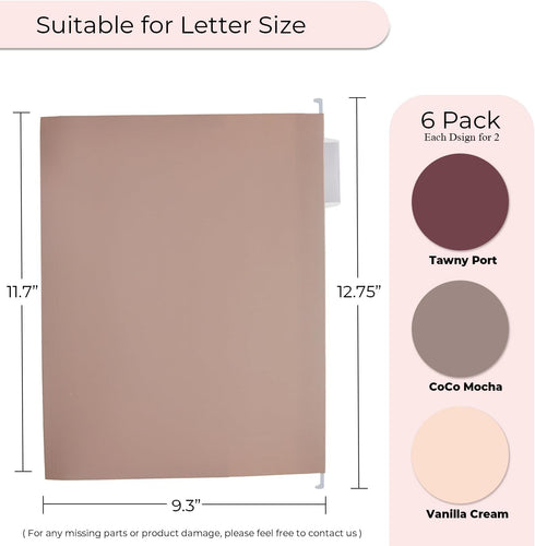 Y YOMA 6 Pack Extra Capacity Hanging File Folders, Letter Size Accordion Decorative Organizer with 1/5-Cut Tabs, Mocha