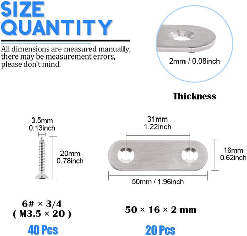 Glarks 20 Sets 50mm/2inch Stainless Steel Flat Brace Brackets with 40pcs Self Tapping Screws Set for Repair Fixing
