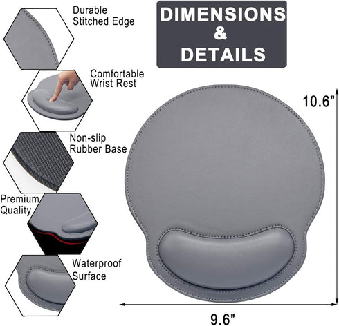 Mouse Pad Leather Wrist Rest Support, Ergonomic Memory Foam Mouse Wrist Rest Pad for Computer Pain Relief, Grey