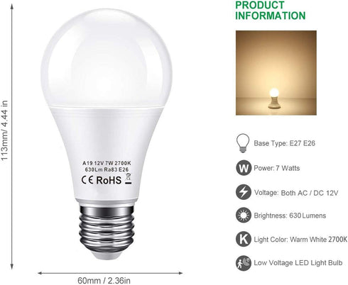 12V LED Light Bulb, 60W Equivalent E26, 7W 630Lm, 12 Volt Low Voltage Lights, 6 Pack 2700K Warm White
