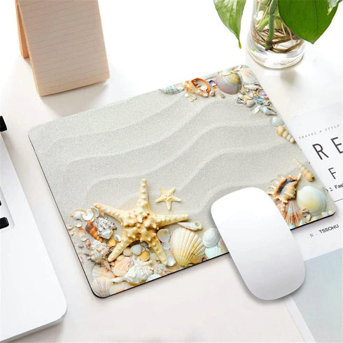 Starfish Mouse Pad, Seacoast with Sand and Colorful Various Seashells Customized Non-Slip Rubber Base Mousepads for