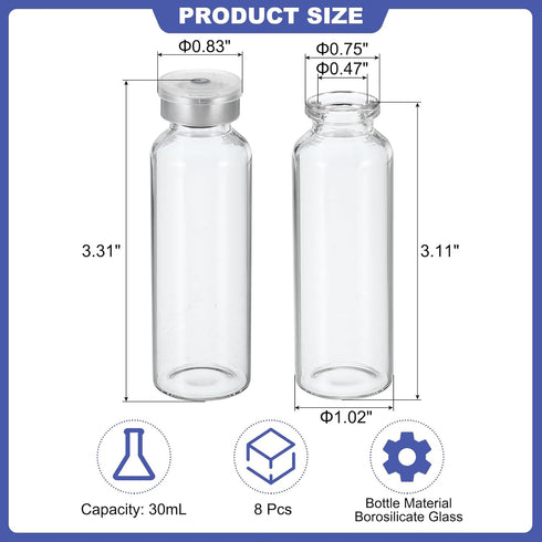 PATIKIL 30ml Sample Vials, 8 Pack Lab Empty Vials with Butyl Rubber Stopper and Crimp Top Caps Borosilicate Glass Vial, Transparent by PATIKIL