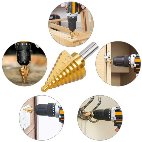 Titanium Step Drill Bit, Zhushan High Speed Steel Cone Bits, Double Cutting Blades for Sheet Metal