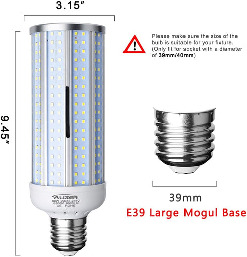 80W LED Corn Light Bulb, Large Mogul E39 Base, 8000-Lumen, 6500K Daylight Cool White, AC 85V-265V, LED Corn Bulb for Large Area Garage Factory Warehouse High Bay Barn Shopping Mall Supermarket by Auzer