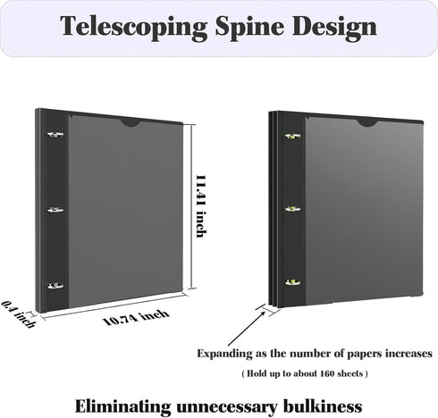 Telescoping 3 Ring Binder with Customizable Front Cover - 1 PCS, Flexible Round Binder Holds 8.5x11 inch Paper - Black