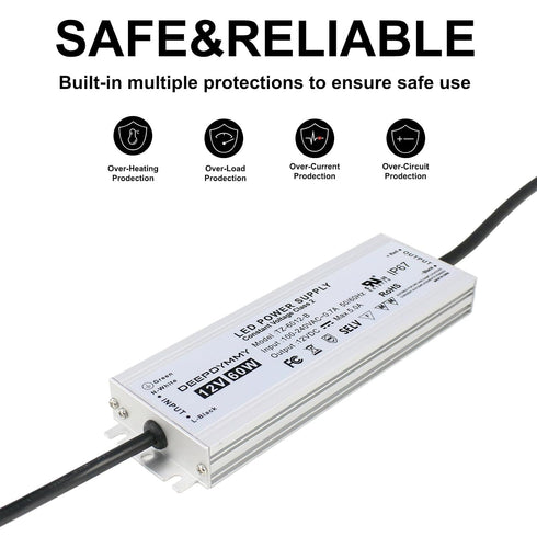 DEEPDYMMY 12V 60W 3-Prong 3.3ft IP67 DC Power Supply - Ultra Slim LED Driver Low Voltage Transformer with Plug & Cable