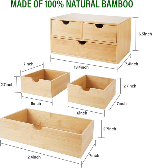 Bamboo Desk Organizer with 3 Drawers, Makeup Storage Drawer, Tabletop Organization Box for Home Office Workspace,