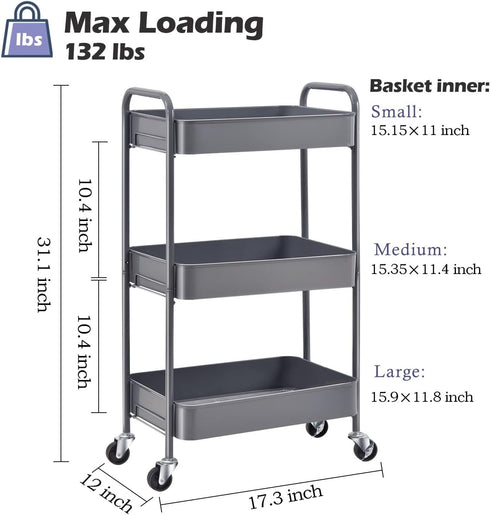 TOOLF 3-Tier Rolling Cart, Metal Utility Cart with Lockable Wheels, Easy Assembly for Office, Kitchen, and More
