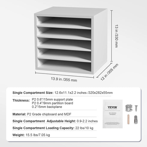 VEVOR Office Mailbox Literature Organizers, 5 Compartments with Adjustable Shelves, Wood Sorter 13.9x12x13 inches, White