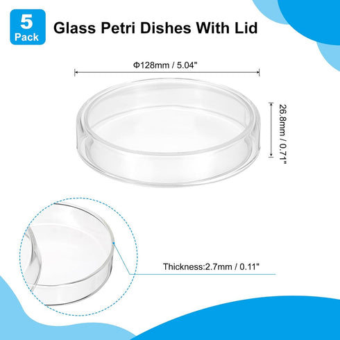 PATIKIL 120mm High Borosilicate Glass Petri Dishes - 5 Pcs Petri Plates with Lids for Lab Science Experiments