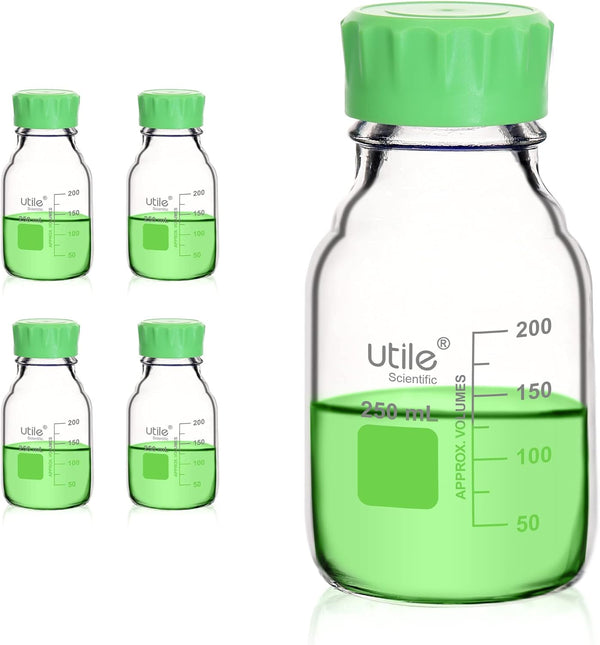 Utile Media Bottle, 3.3 Borosilicate Glass Storage Bottles with GL45 Screw Caps, 4pcs of 250ml Lab Bottles