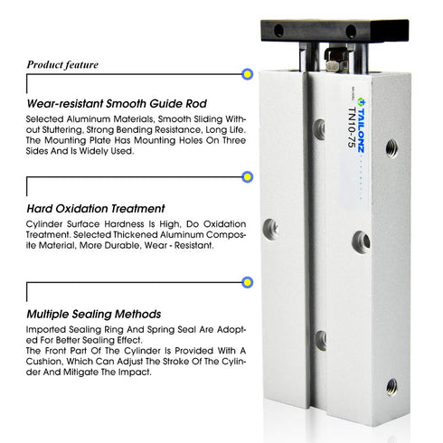 TAILONZ PNEUMATIC 10mm Bore 75mm Stroke Double-Rod Double-Acting Aluminum Pneumatic Air Cylinder