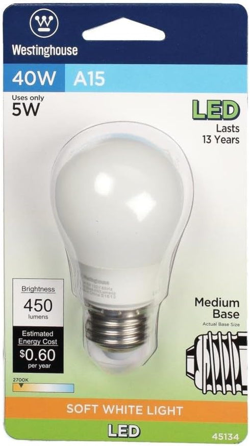 4513400 40-Watt A15 Bulb Westinghouse Lighting Equivalent Soft White LED Light with Medium Base, Single