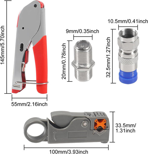 Coax Cable Crimper Tool Kit Coaxial Compression Tool Fitting Wire Stripper with 5PCS RG6 F Type Connector + 5PCS RG6 Coax Cable Extender