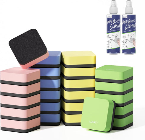 loukin Mini Magnetic Dry Erase Eraser 24 Pack with 2 Bottles of 3.4 oz Whiteboard Cleaner for Classroom & Office