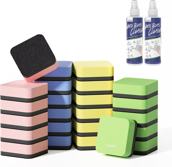 loukin Mini Magnetic Dry Erase Eraser 24 Pack with 2 Bottles of 3.4 oz Whiteboard Cleaner for Classroom & Office