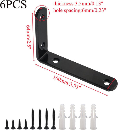 6 Reinforcement,64 100mm /2.5"*3.93" Woogim PCS L Shape Wall Shelf Brackets,Shelf Support Corner Bracket for Wooden
