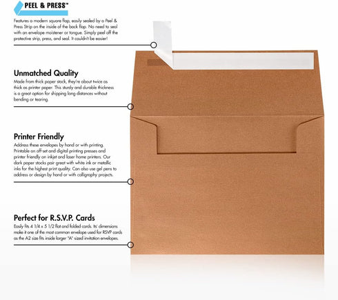 LUXPaper A2 Invitation Envelopes | 4 3/8" x 5 3/4" | Copper Metallic | 80lb. Text | 50 Qty | Peel & Press