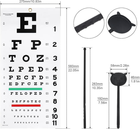 Eye Chart, Complete Snellen Eye Exam Kit, for Eye Exams 20 Feet 22×11 Inches Low Vision Eye Test Charts with Eye Occluder and Pointer