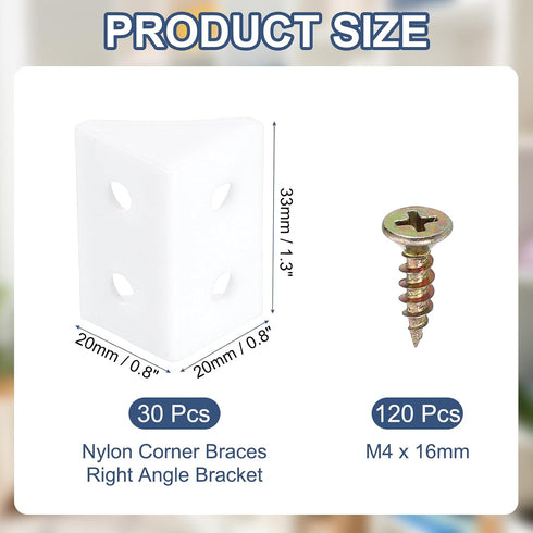 1.3"x0.8"x0.8" 30 PATIKIL Plastic Corner Braces, Pcs L-Shape Shelf Support Corner Brace Nylon Right Angle Brackets