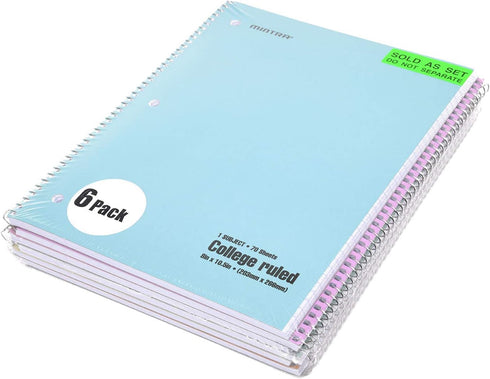 Spiral Notebooks - 6 Pack, Pastel, College Ruled, 70 Sheets, For School, Office, Business, Professional