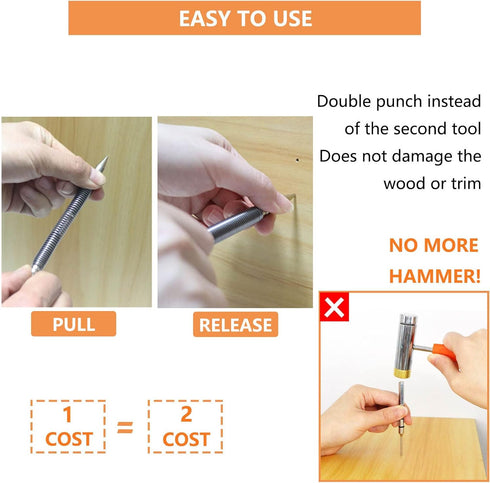 2-Piece Dual Head Nail Setter and Hinge Pin Punch Set, Hammerless Spring Nail Set for Door Pin Removal