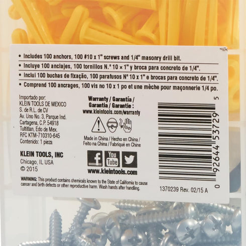 Klein Tools 53729 Conical Anchor Kit with 100 Anchors, 100 #2 Phillips, 1/4 Inch Masonry Drill Bit