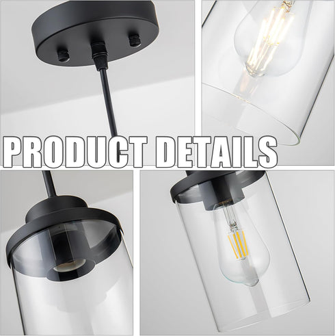 Modern Black Farmhouse Clear Glass Cylinder Pendant Light Fixture,Ceiling Hanging Metal Industrial Mini Pendant